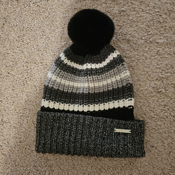 Michael Kors Shaker Stripe Faux Fur Pompom Woman’s Beanie - Black, Grey, White - Picture 1 of 4